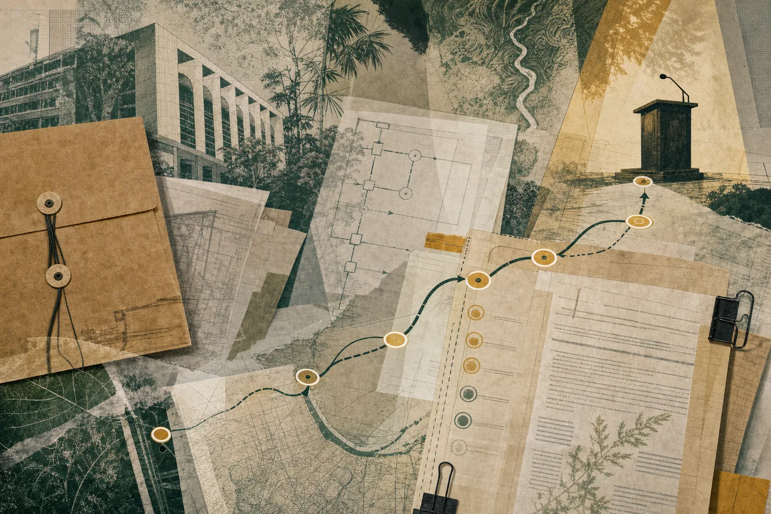 Percurso editorial sobre folhas translúcidas vai da etapa escrita a uma tribuna, representando a prova oral da PGE-AC