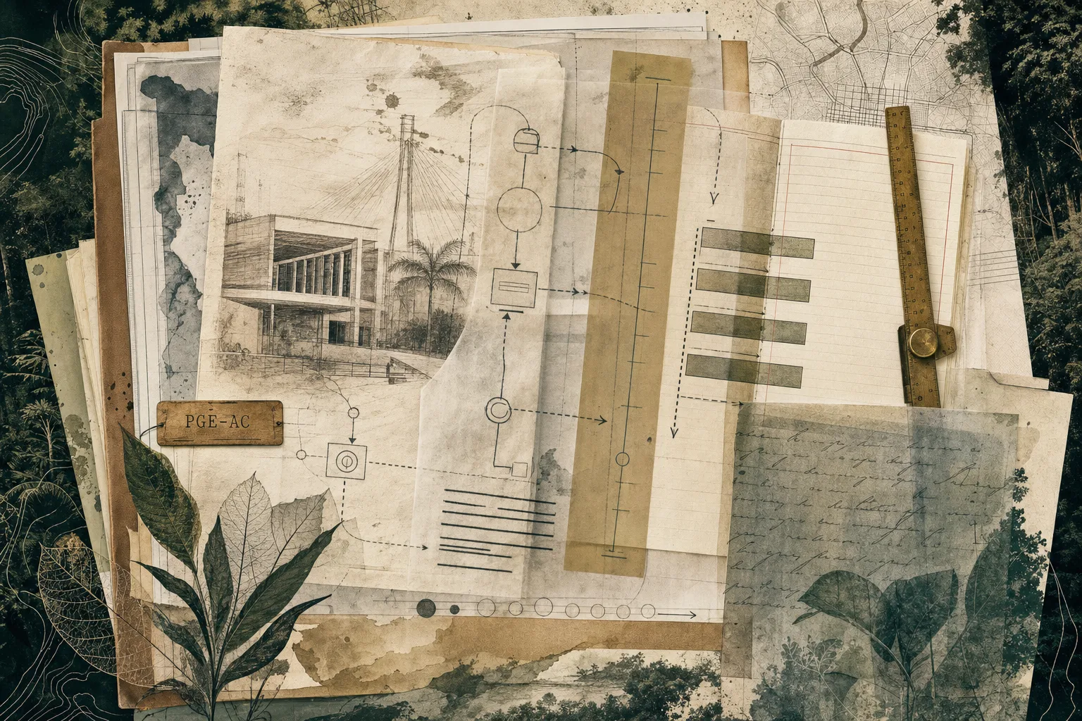 Colagem editorial de dossiê jurídico com folhas translúcidas e textura de floresta amazônica para o concurso da PGE-AC