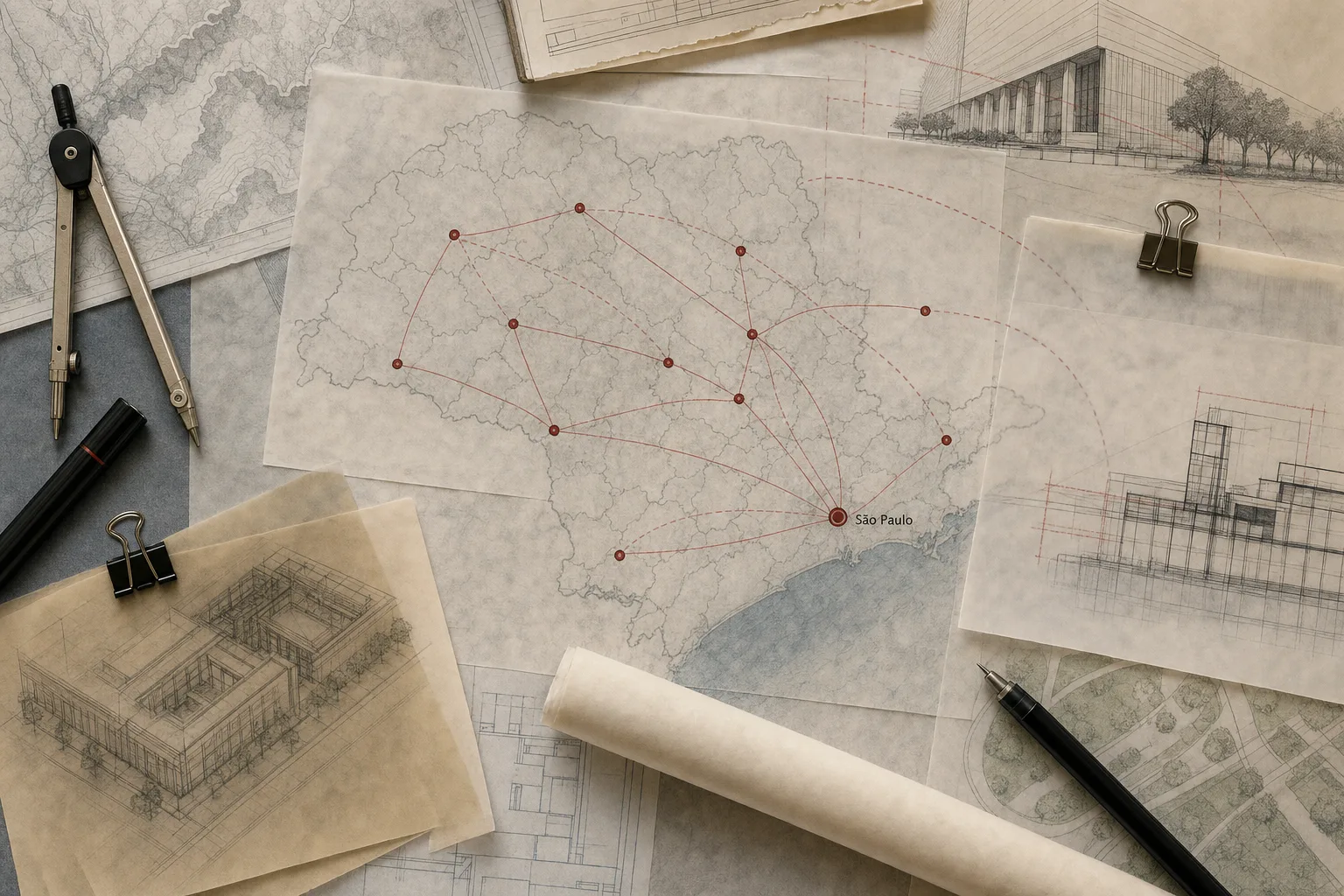 Mesa editorial com mapas técnicos conectando cidades de São Paulo para ilustrar as lotações históricas da Residência Jurídica