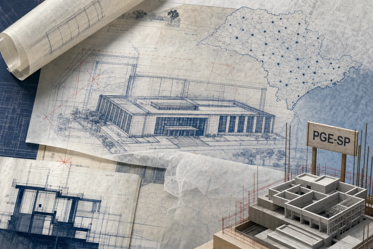 Colagem arquitetônica de uma instituição jurídica pública em construção ligada ao concurso PGE-SP