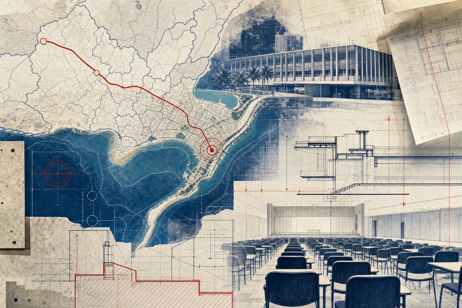 Composição cartográfica do litoral alagoano ligada a Maceió e a uma sala de prova vazia