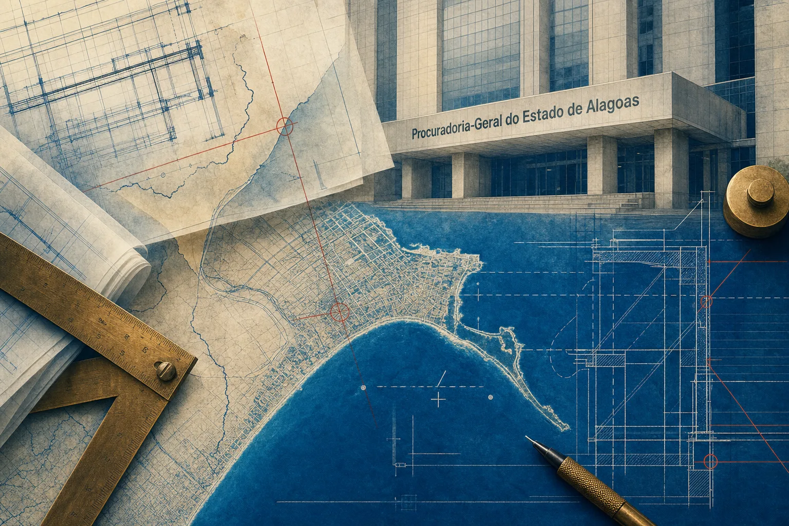 Colagem de planta técnica com cartografia costeira de Alagoas e fachada institucional em Maceió, representando a estrutura jurídica do concurso