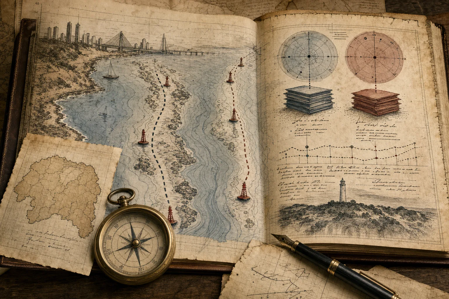 Livro de bordo jurídico com dois canais de prova, boias de risco e instrumentos de navegação para os limites da objetiva