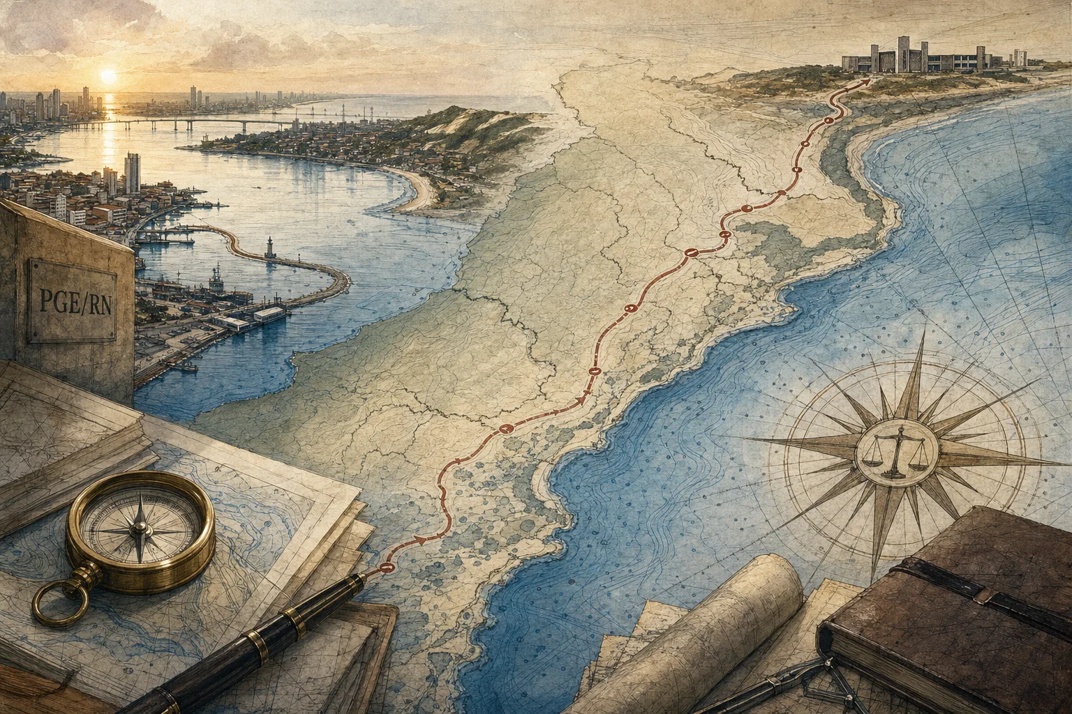 Vista editorial de Natal ligada por uma rota cartográfica ao território estadual e ao destino institucional do cargo