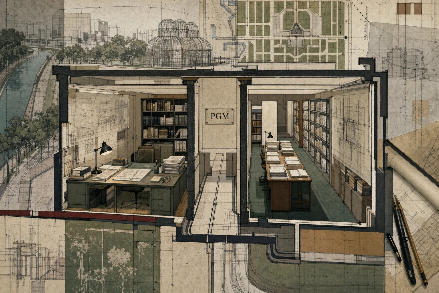 Ilustração em corte de dois ambientes de escrita jurídica conectados, representando parecer e peça processual para a PGM Curitiba
