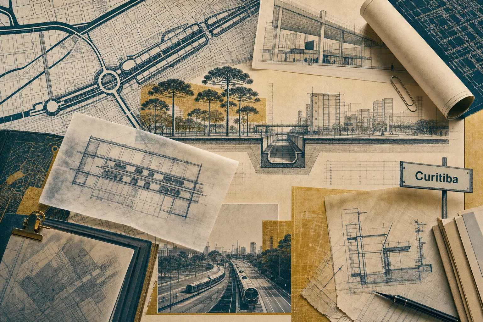 Colagem editorial de linhas urbanas e canais de Curitiba formando uma planta técnica ligada à preparação para Procurador