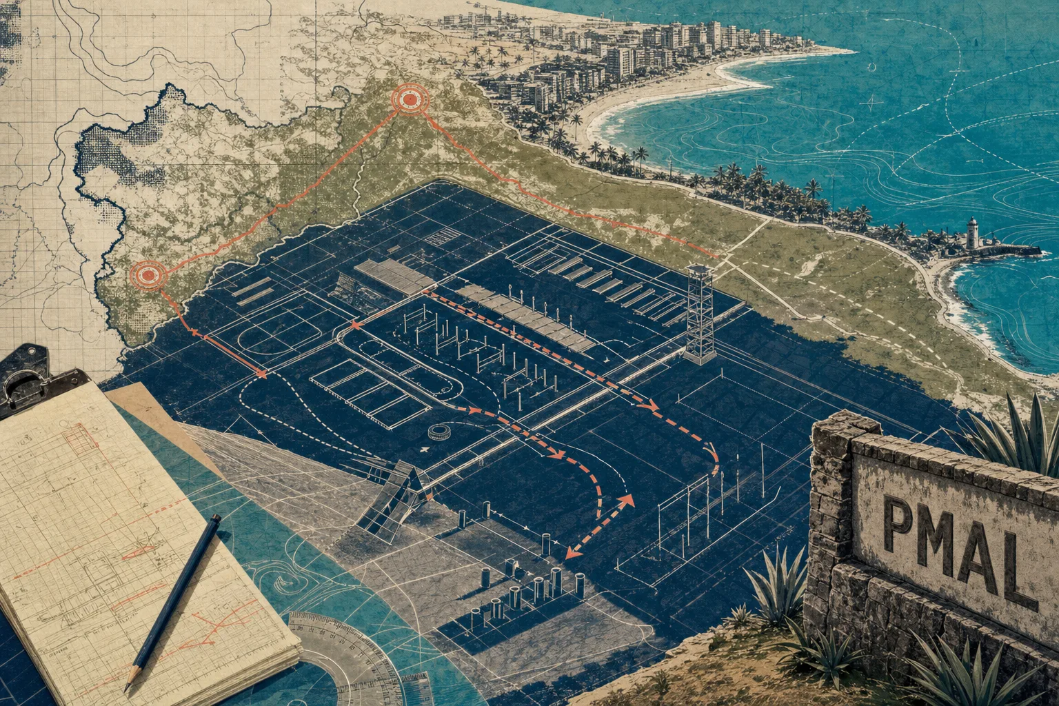 Ilustração editorial de circuito de treinamento e rotas entre Maceió e Arapiraca para o concurso PM-AL 2026