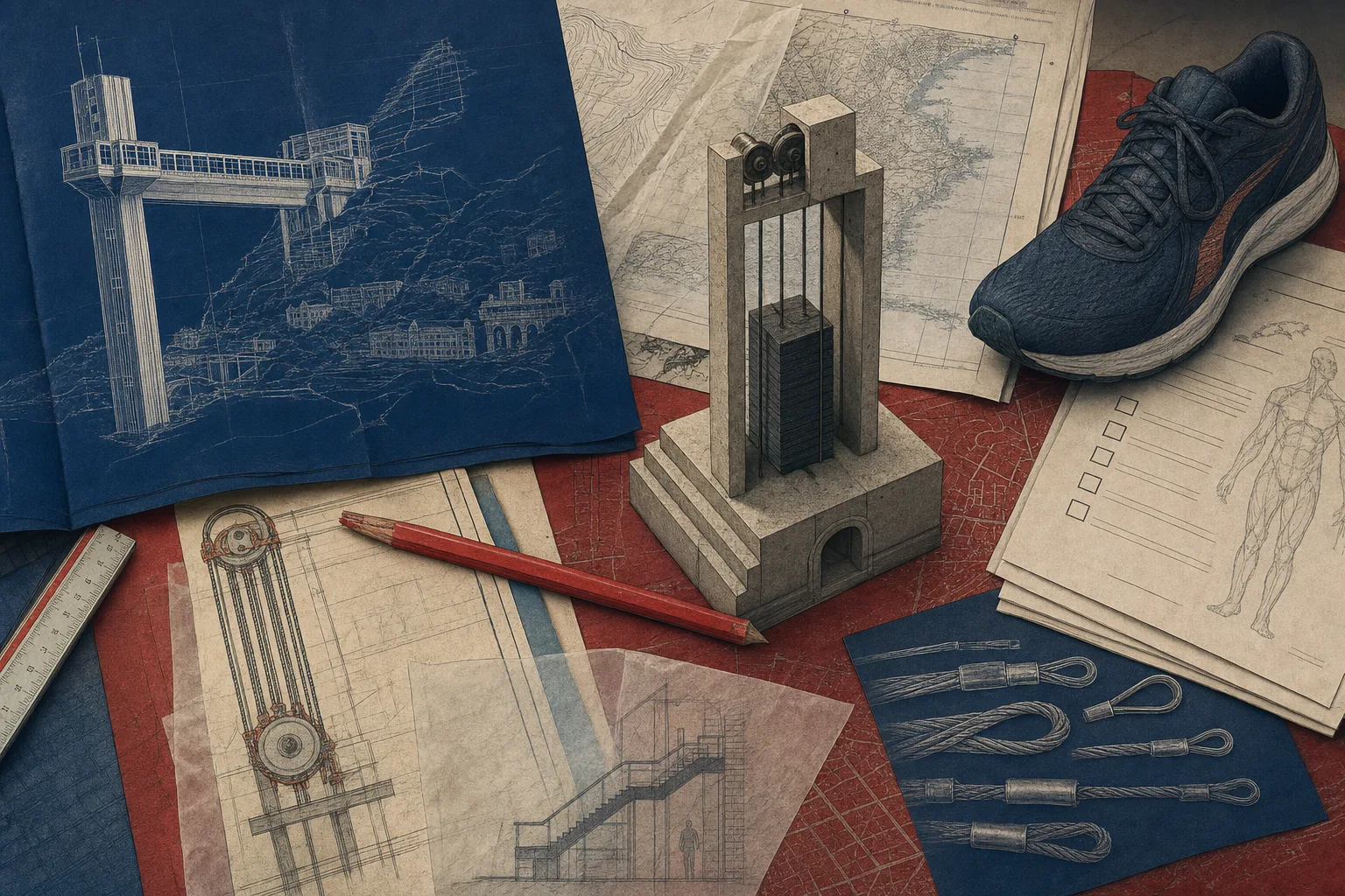 Mesa editorial de planejamento com planta técnica, lápis vermelho, ficha médica, tênis e contrapeso de elevador ligados à preparação para a PMBA