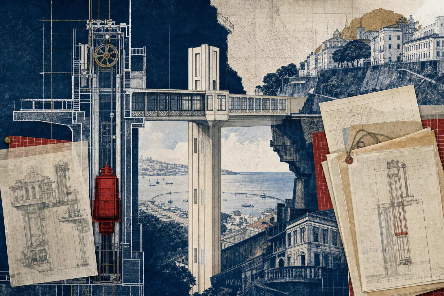 Ilustração editorial em corte vertical do Elevador Lacerda conectando níveis de Salvador para representar a ascensão no processo interno da PMBA