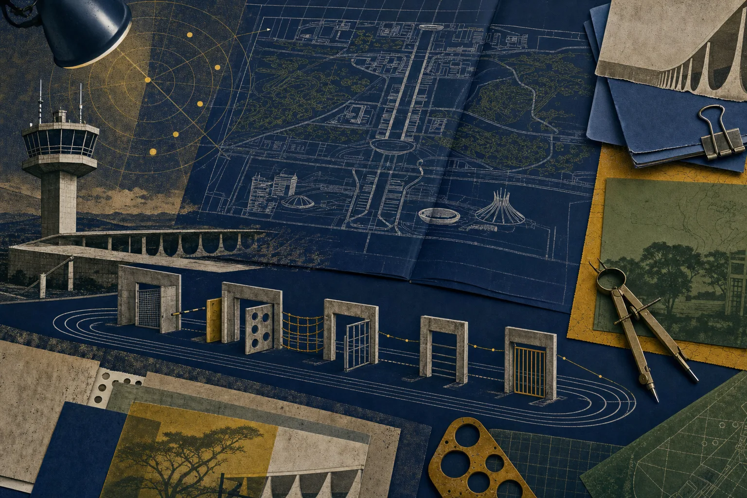 Ilustração editorial de rota de formação policial em Brasília representada por portões conectados e linhas de pista