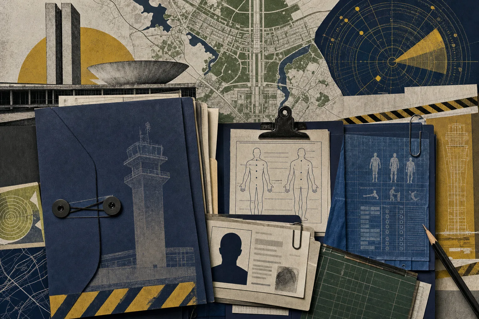 Colagem de pasta documental, fragmentos de checklist médico e mapa abstrato de Brasília para preparação do concurso PMDF