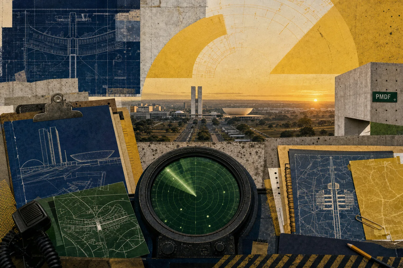 Colagem editorial do Eixo Monumental de Brasília com radar de sala de comando e horizonte de cerrado para o concurso da PMDF