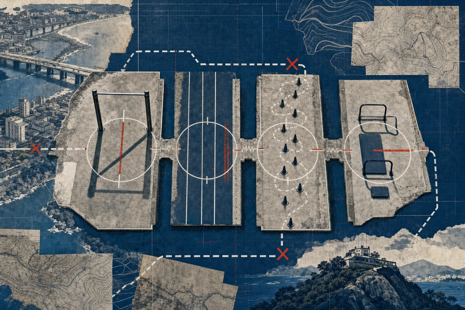 Ilustração de circuito técnico de treinamento com barra, pista, agilidade e abdominal para o TAF da PMES