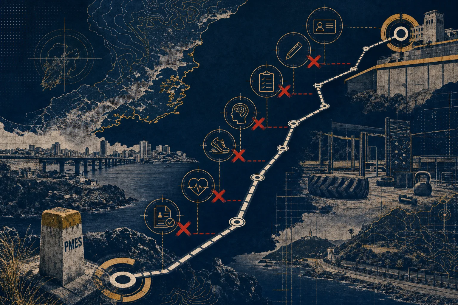 Colagem editorial do território capixaba com rota de prontidão para o concurso PMES 2026