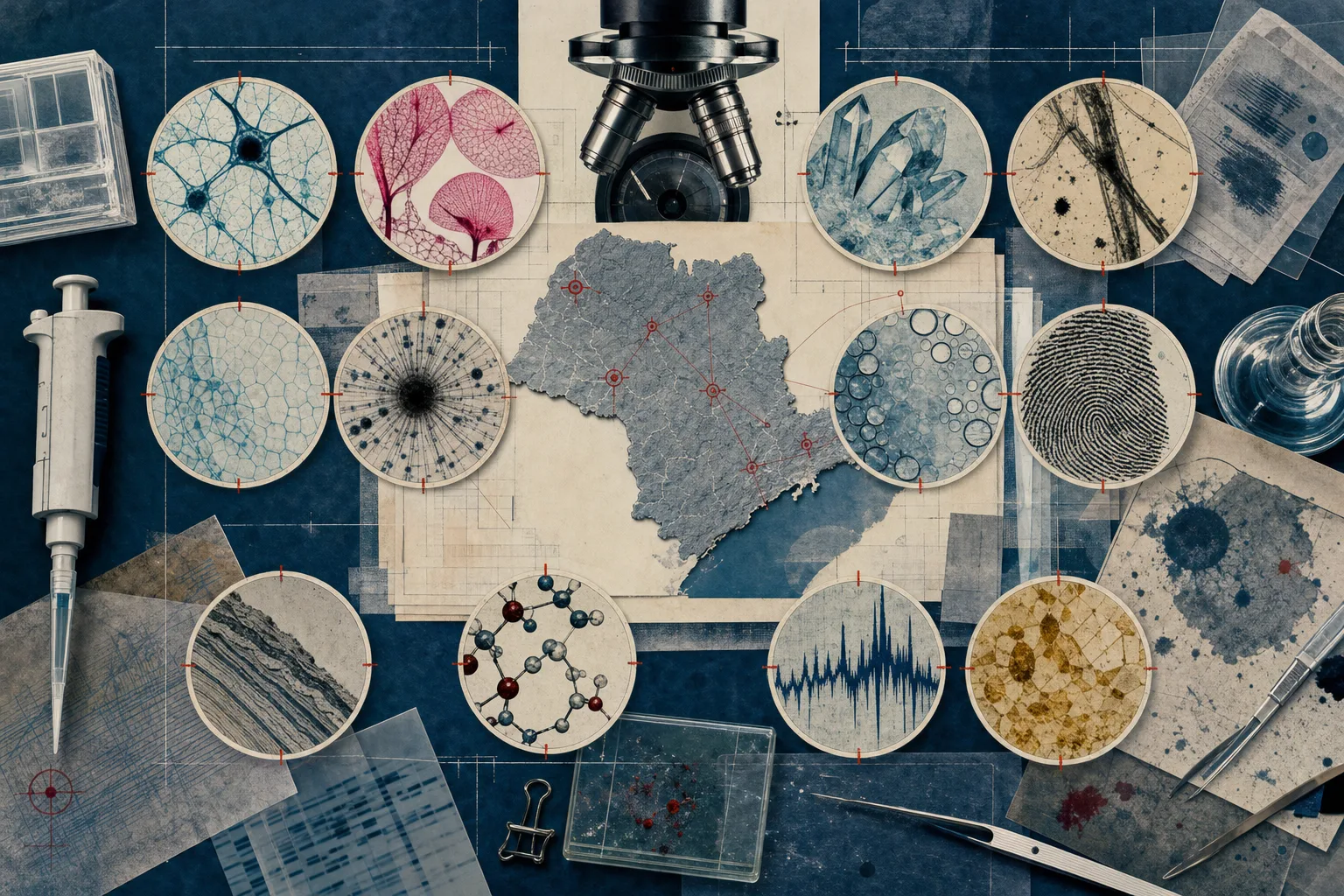 Colagem de bancada científica com amostras translúcidas e instrumentos que representa as disciplinas históricas de Perito Criminal