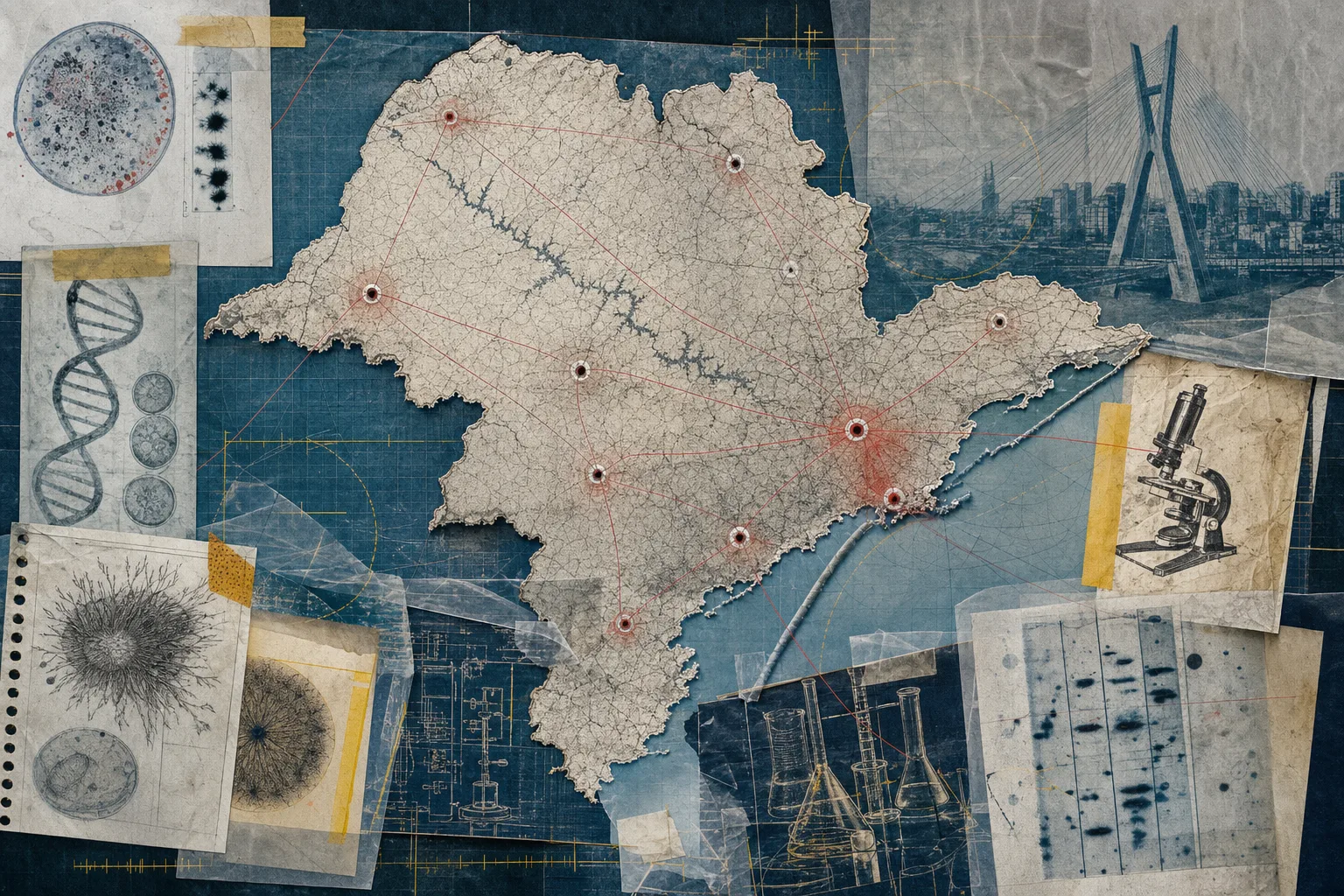 Mapa editorial ilustrado do estado de São Paulo com conexões territoriais para as localidades históricas da prova e lotação