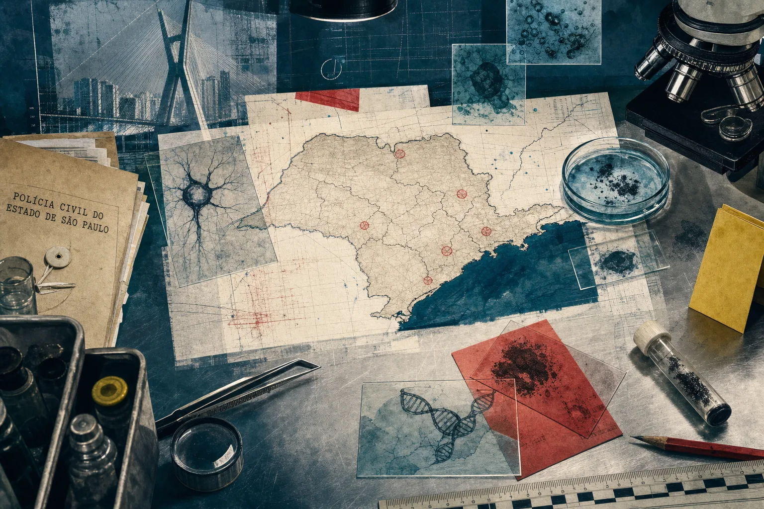 Bancada editorial de laboratório forense com lâminas, instrumentos de análise e mapa de São Paulo para contextualizar a preparação da Polícia Civil