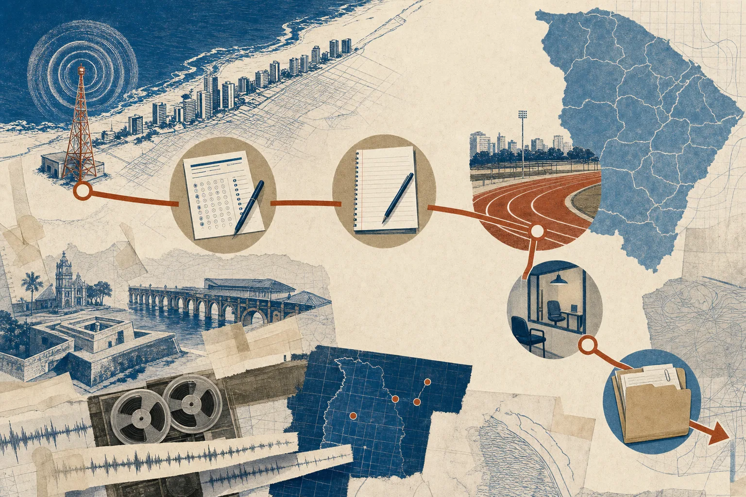 Mapa ilustrado da rota entre prova escrita, redação, TAF, avaliação psicológica e documentos do concurso PC-CE