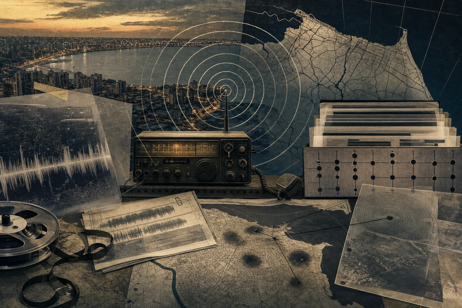 Colagem editorial de Fortaleza e de uma central de rádio que representa o monitoramento pré-edital da PC-CE
