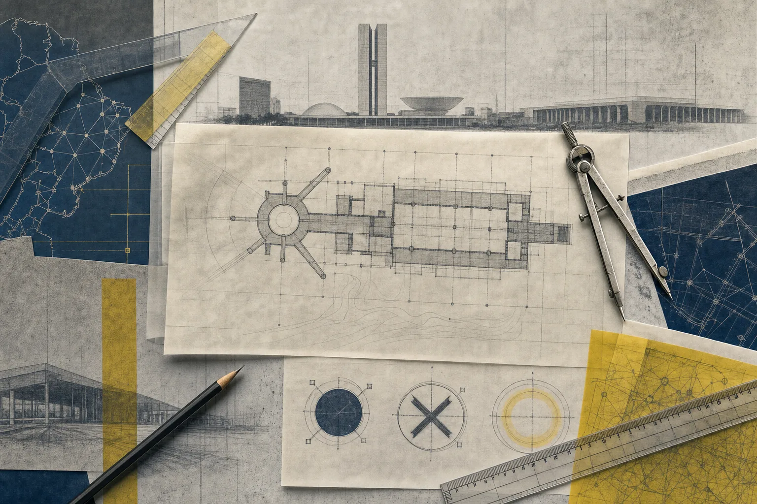 Mesa de desenho técnico com papéis translúcidos e marcas abstratas de decisão para a prova Cebraspe
