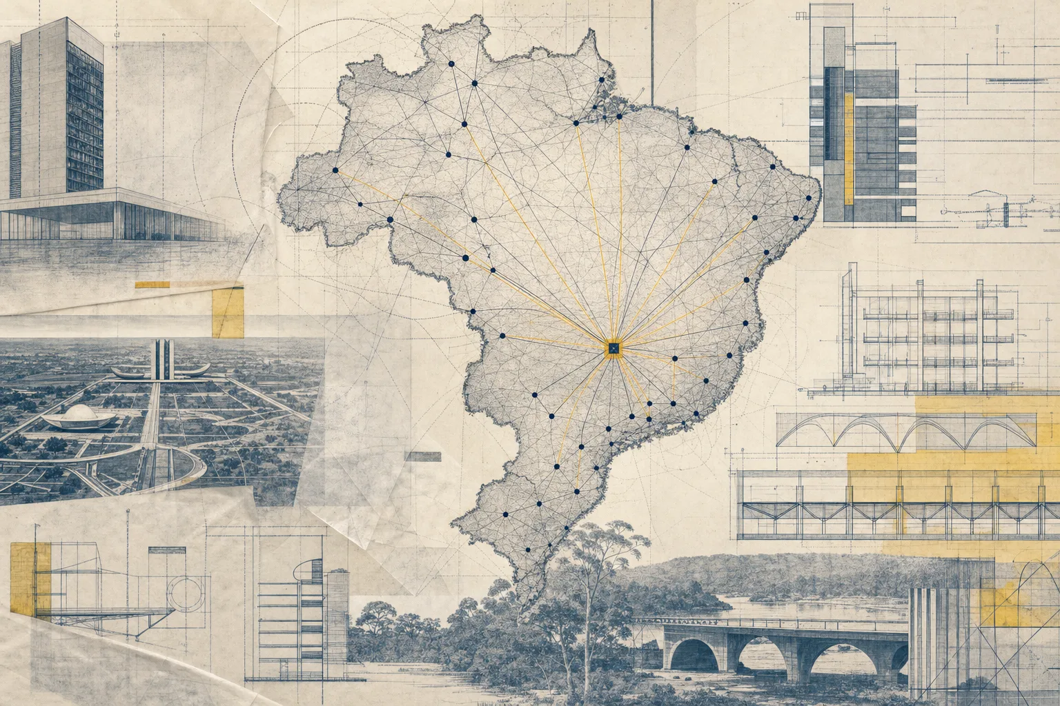 Composição cartográfica ilustrada do Brasil com linhas de conexão entre Brasília e regiões do país