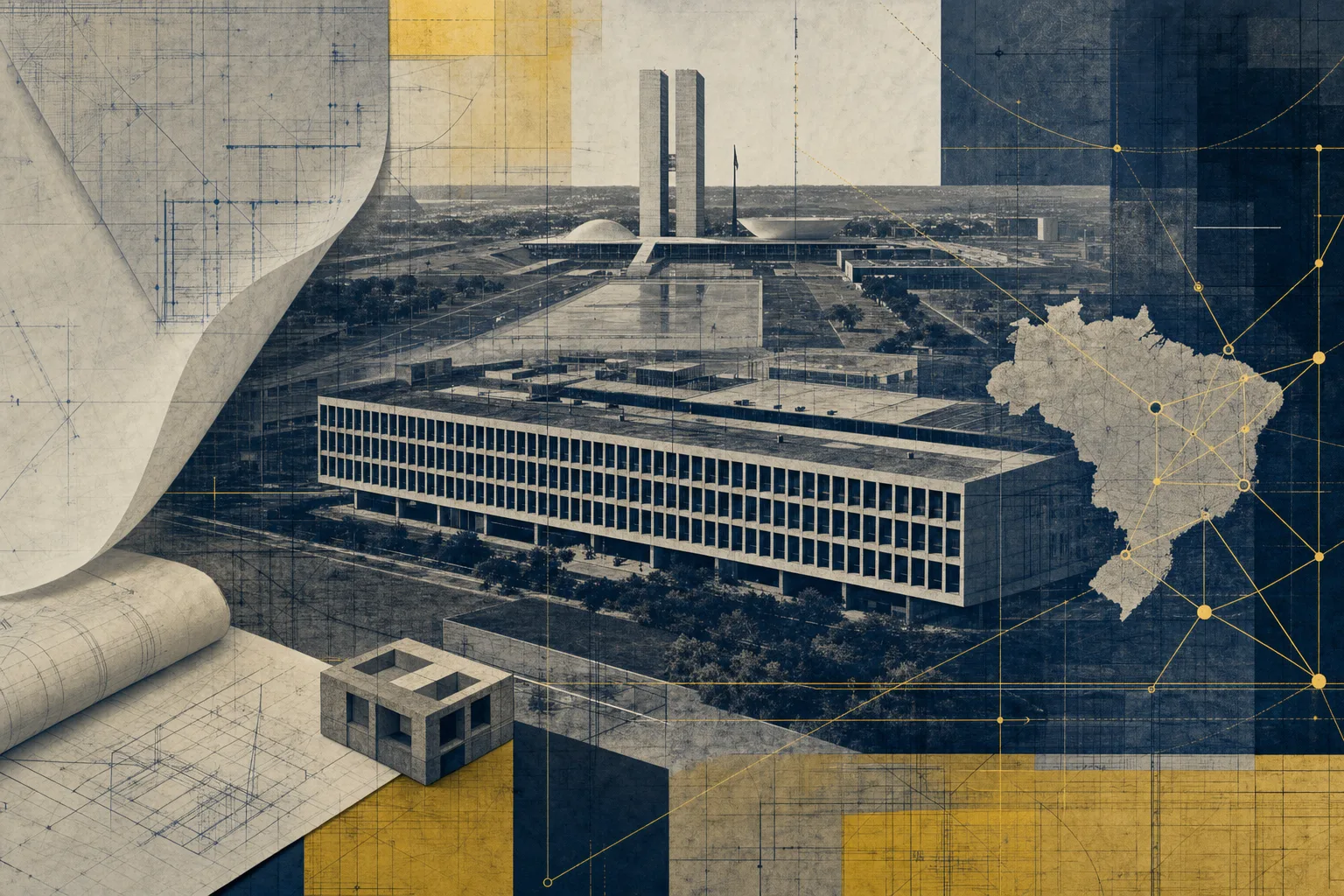 Colagem editorial de arquitetura administrativa federal com linhas técnicas e conexões territoriais