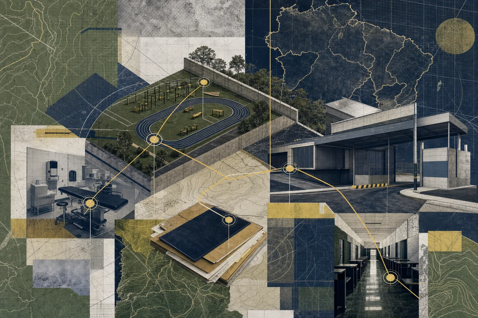 Ilustração em corte de pista de corrida, posto médico, documentos e portão de academia ligados à seleção da Polícia Federal