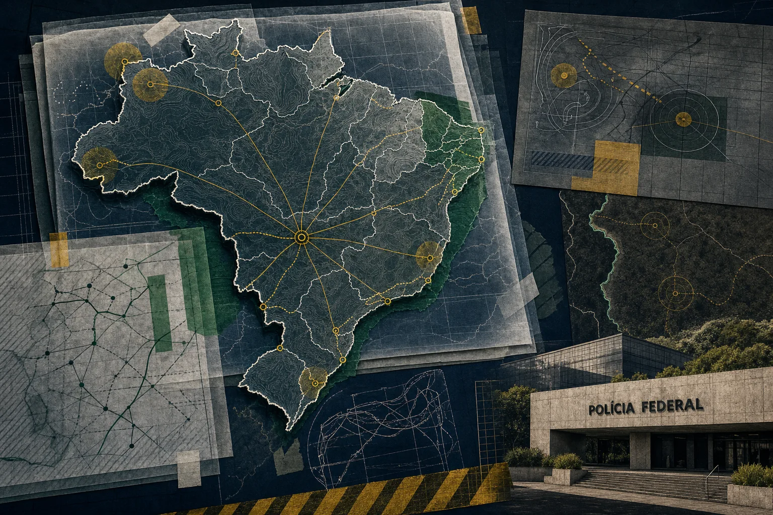 Atlas técnico do Brasil com rotas federais, perímetros e marcadores de controle para a preparação da carreira policial