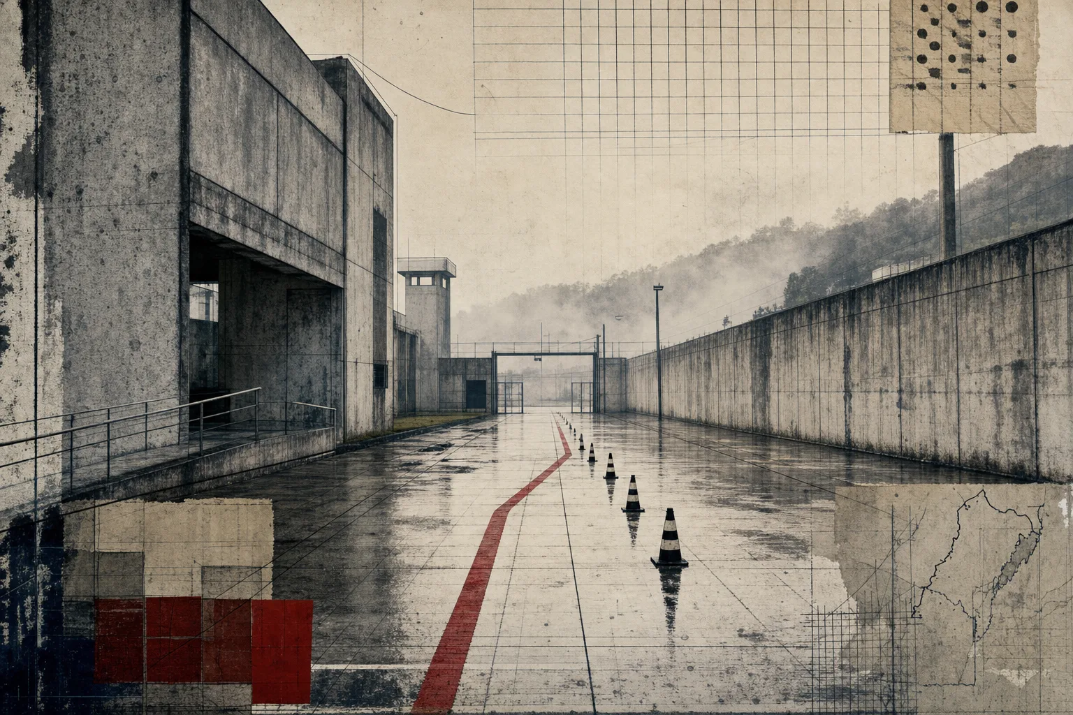 Pista de treinamento vazia ao lado de arquitetura institucional de concreto, representando a etapa física do cargo de Policial Penal