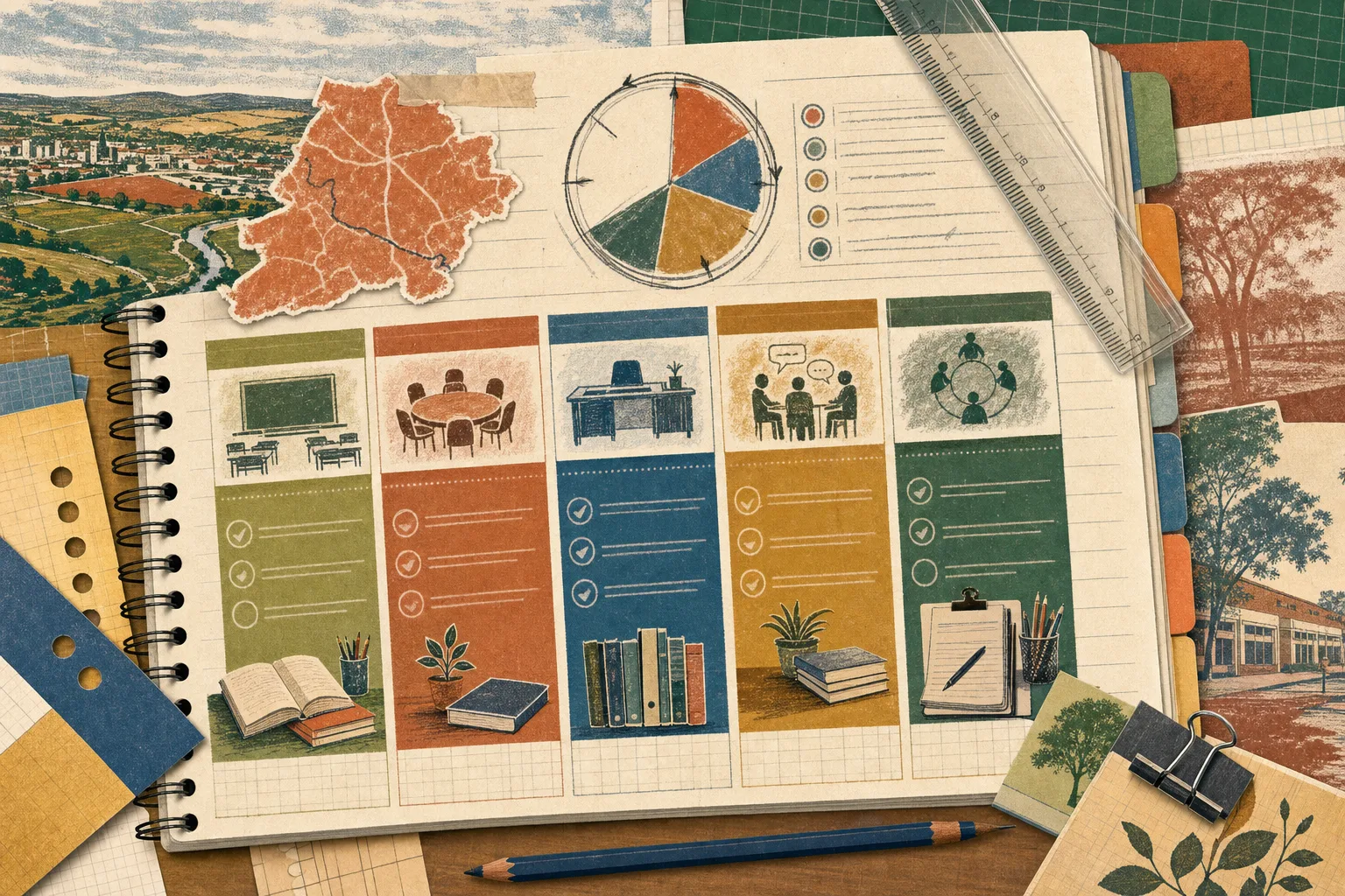 Folha ilustrada de planejamento de prova com cinco áreas coloridas, régua, relógio e anotações a lápis