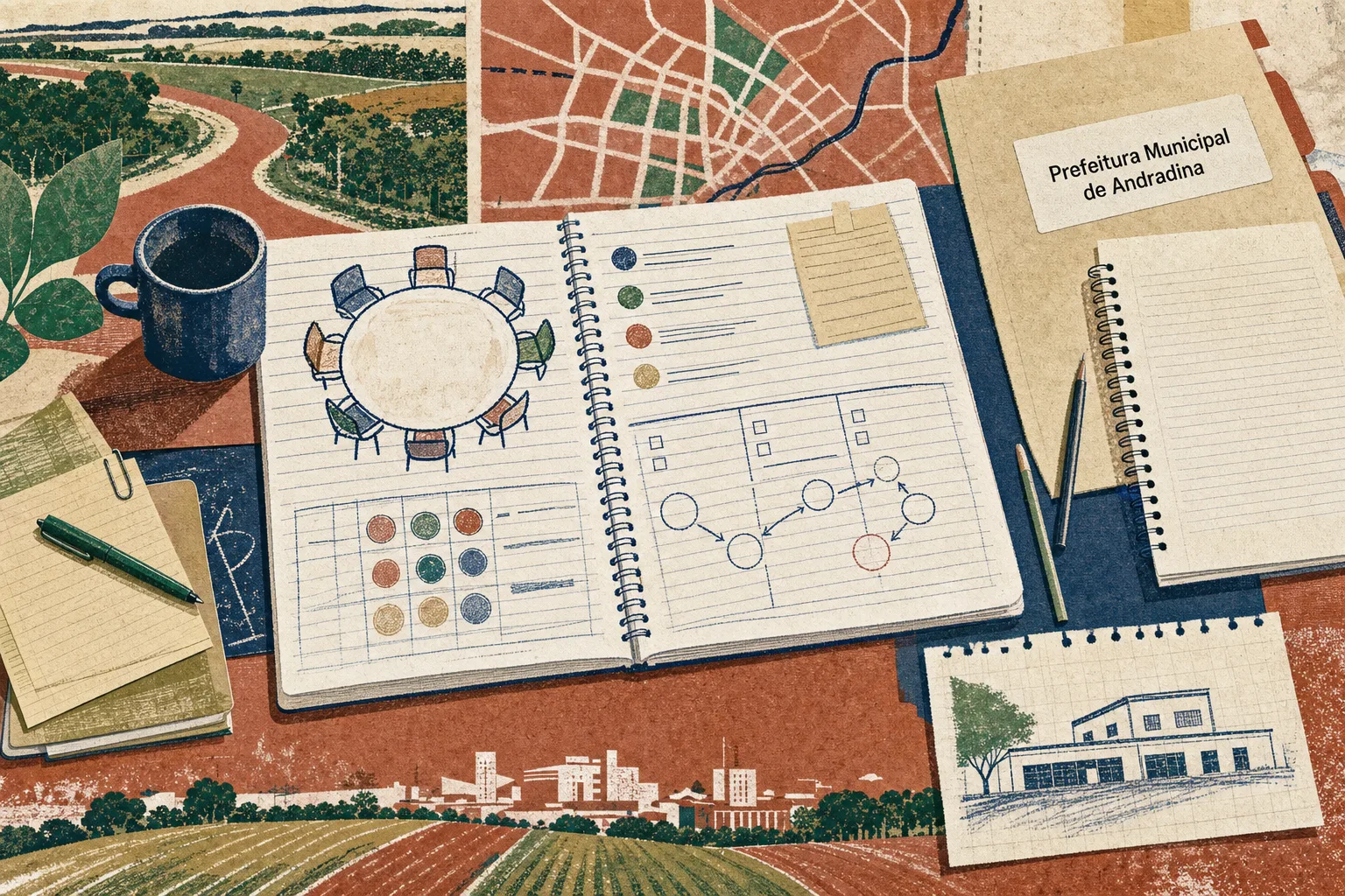 Colagem editorial de uma mesa de conselho pedagógico municipal, com caderno pautado, folhas de pauta, terra avermelhada e formas verdes ligadas a Andradina
