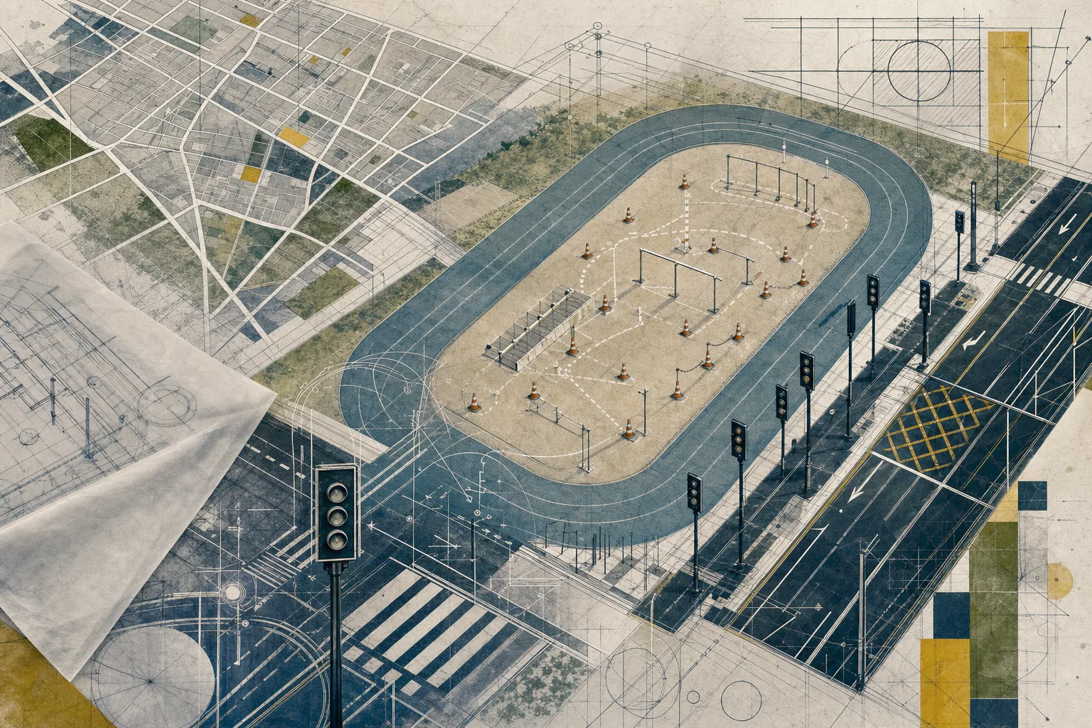 Colagem editorial de pista de treinamento físico e infraestrutura viária que representa o TAF do concurso