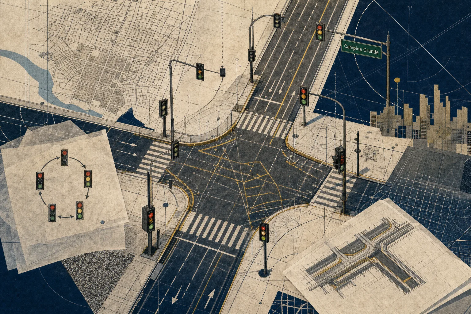 Desenho editorial de cruzamento urbano e controle de tráfego que representa as etapas do concurso em Campina Grande