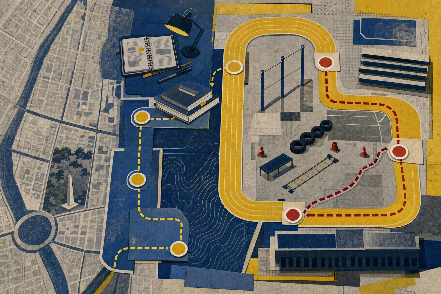 Ilustração editorial de rotas paralelas de estudo e preparo físico conectadas por pontos de controle para o concurso da Guarda Civil Municipal