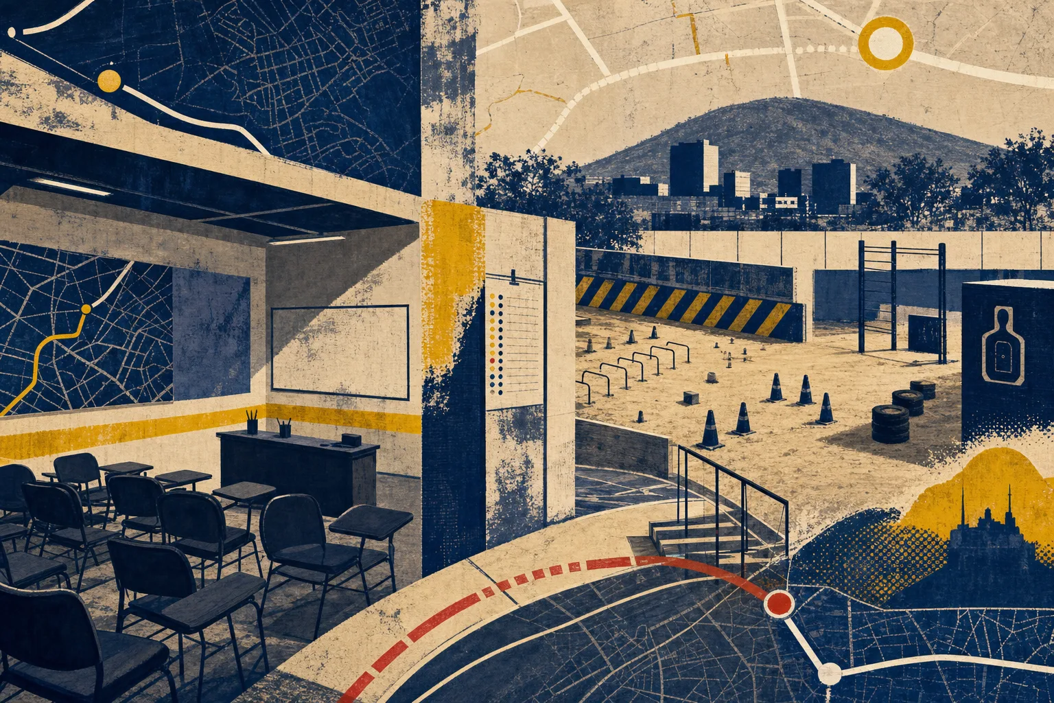Ilustração serigráfica de espaço de formação profissional e pátio de treinamento conectados por uma rota em Campina Grande
