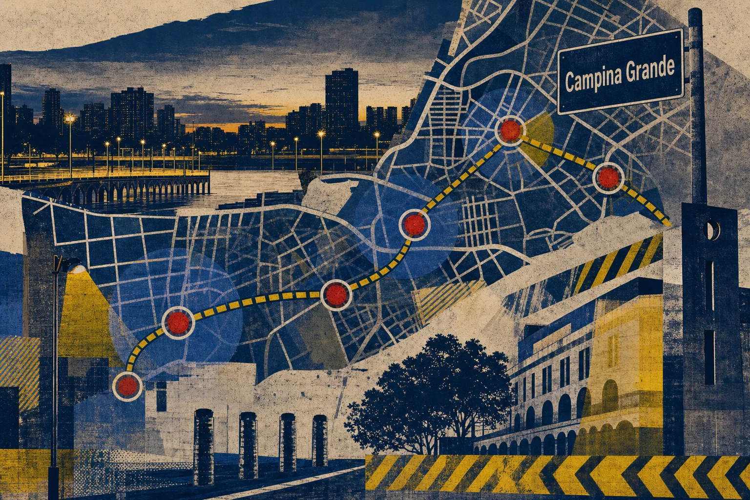 Colagem editorial de mapa urbano e pontos de controle que representa a rota do concurso da Guarda Civil Municipal em Campina Grande