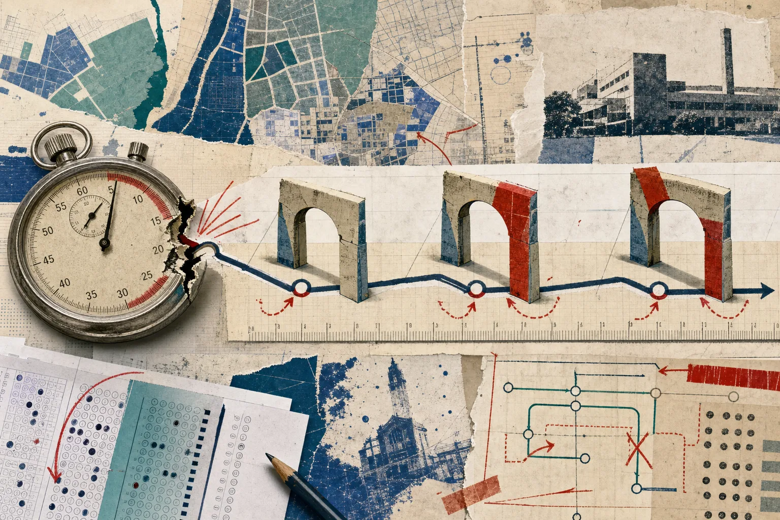 Colagem editorial de uma rota de prova de 180 minutos com régua, portões e folhas de respostas
