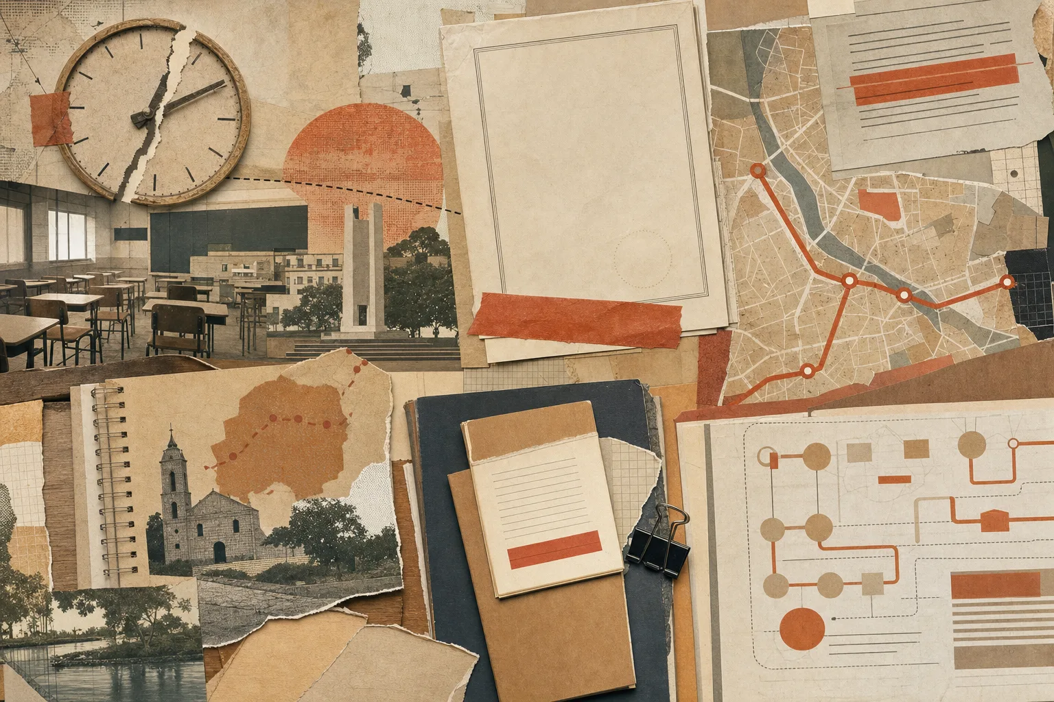 Colagem editorial de carteiras vazias, cadernos de disciplinas, documentos de títulos e mapa ligando educação e serviço municipal