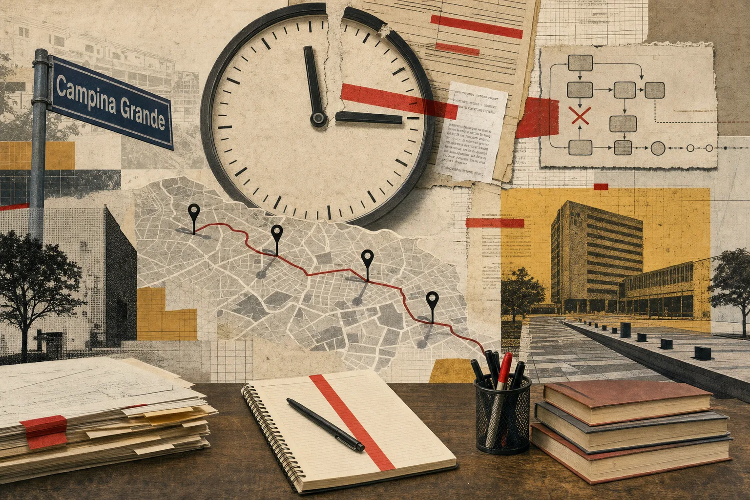 Colagem editorial com mapa abstrato de Campina Grande, relógio interrompido e marcas de retificação para o concurso municipal