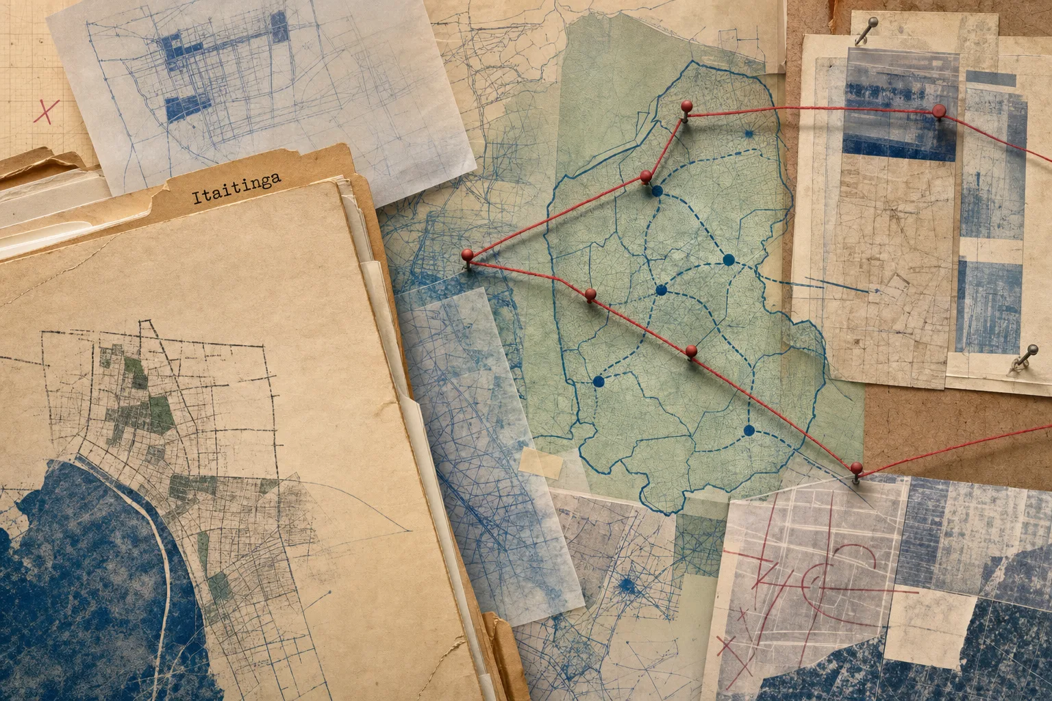 Folhas de arquivo sobrepostas e mapas transparentes que representam o acompanhamento do concurso de Itaitinga