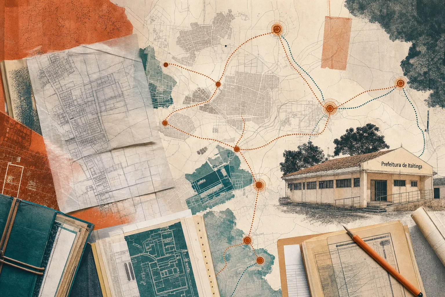 Atlas editorial de Itaitinga com quadras abstratas, rotas pontilhadas e pontos de localidades