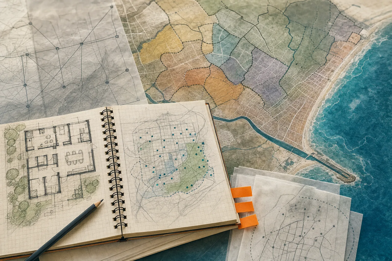 Caderno de campo, mapa costeiro e planta esquemática de unidade de saúde ligados à escolha da USF
