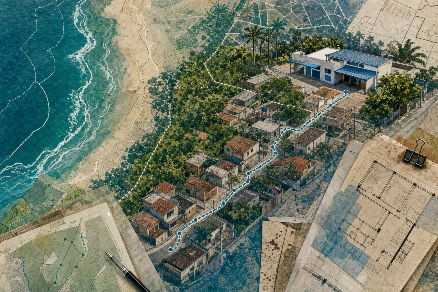 Bairro de Itanhaém próximo à vegetação costeira com linha abstrata de cobertura até uma unidade de saúde