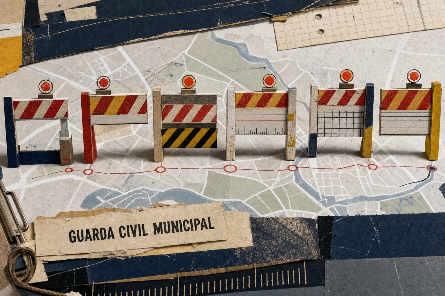 Seis barreiras conectadas por uma rota de papel representam os mínimos da prova da Guarda Civil Municipal