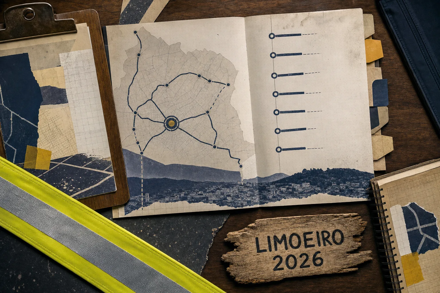 Livro de ronda aberto com prancheta, faixas refletivas e rota esquemática ligada a Limoeiro 2026