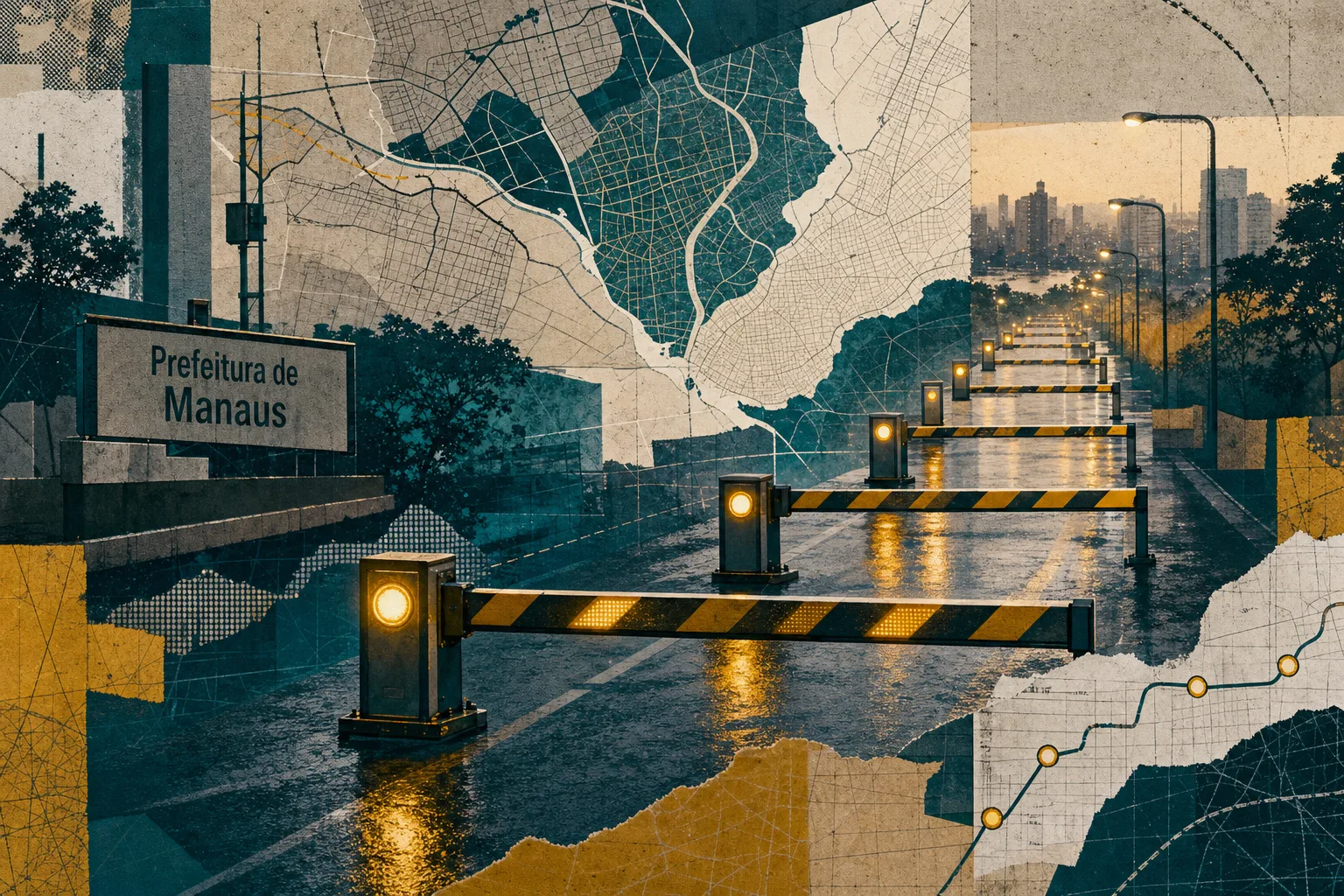 Colagem cartográfica urbana de Manaus com vias e barreiras de circulação que representam as etapas do concurso para Guarda Municipal