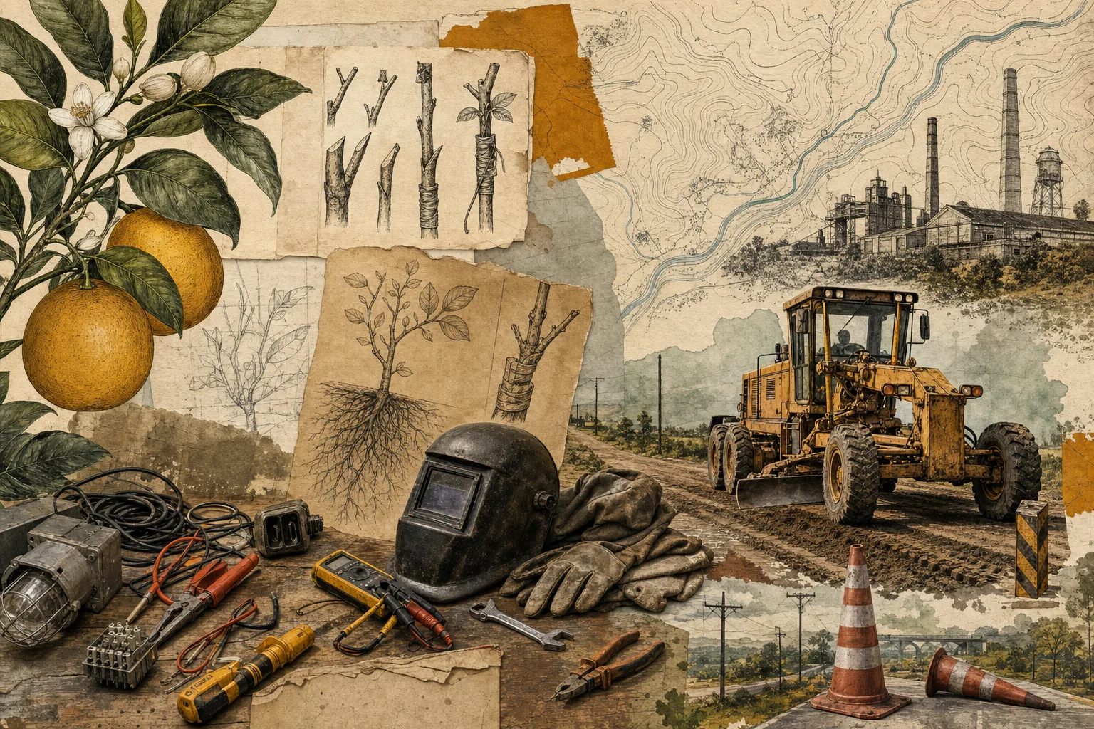 Colagem editorial de oficina rural com máquina rodoviária, ferramentas elétricas, soldagem e mapa topográfico ligada aos cargos operacionais de Montenegro