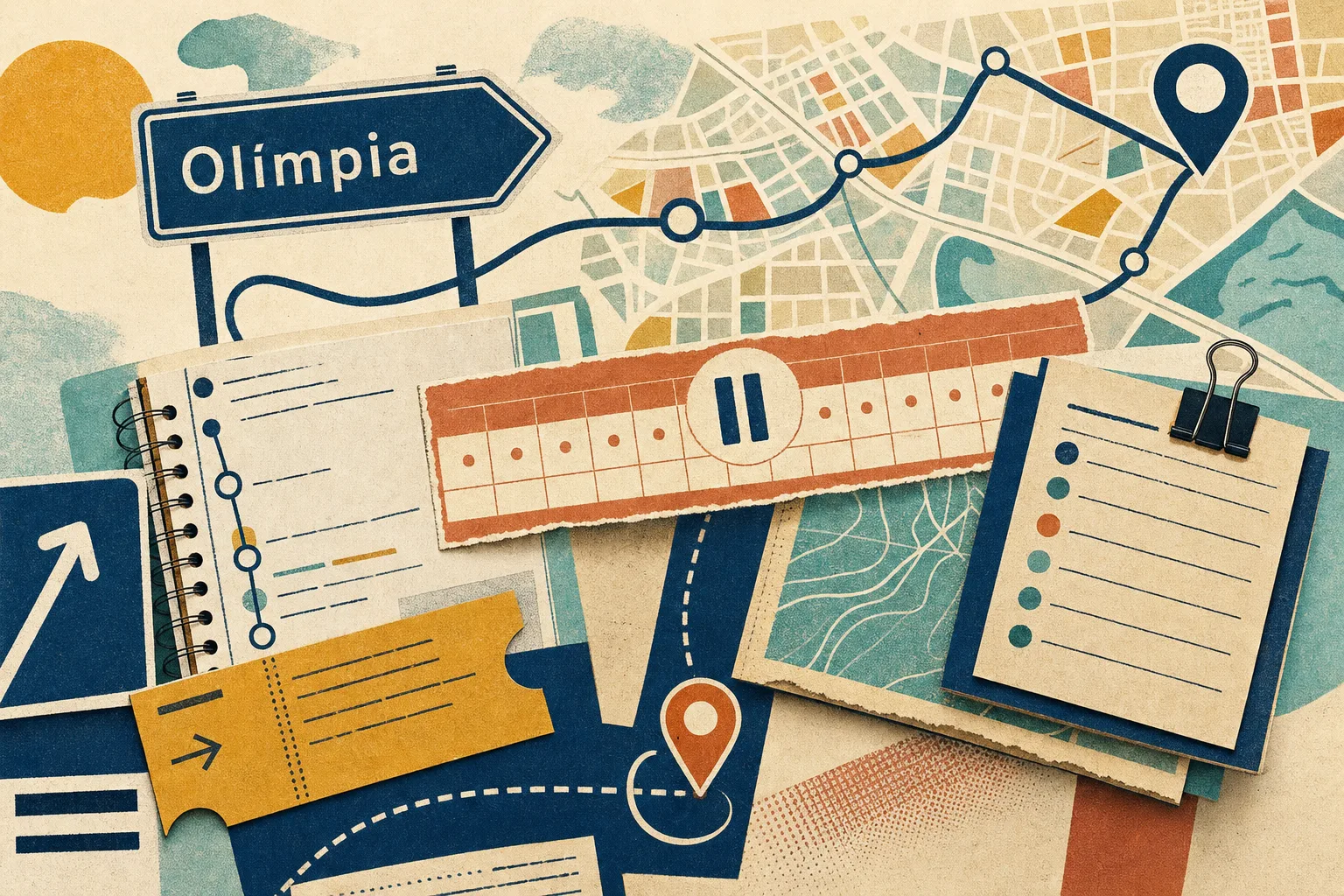 Colagem editorial com mapa abstrato de Olímpia, papéis de itinerário, linhas de percurso e calendário pausado do concurso municipal