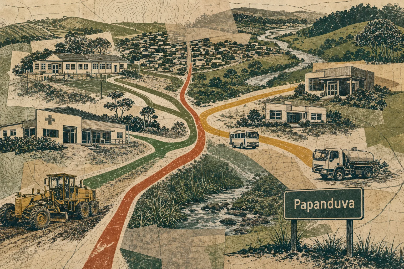 Atlas ilustrado de Papanduva conectando escola, unidade de saúde, serviço público e paisagem por caminhos coloridos