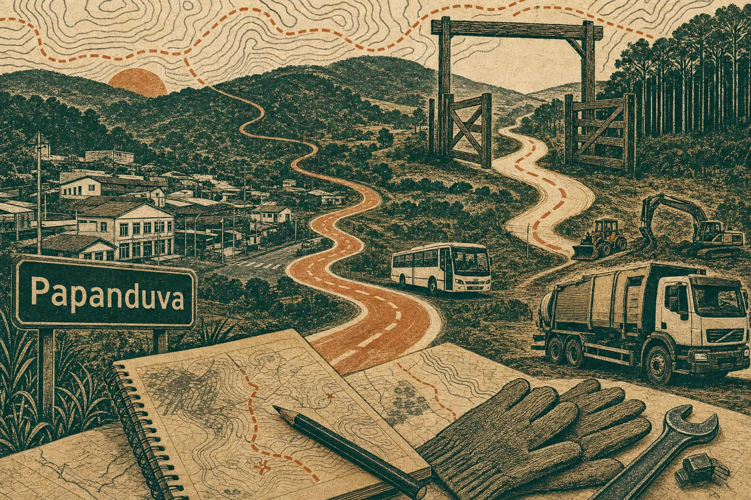 Gravura editorial de uma rota municipal rural em Papanduva, entre colinas, vias e uma porteira